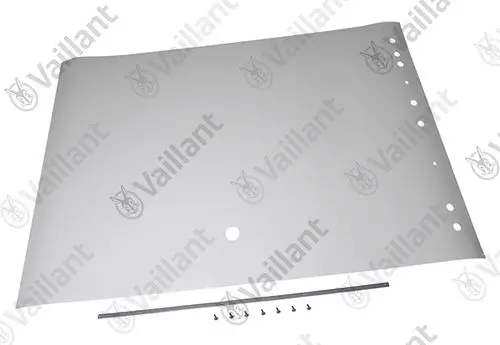 Vaillant Metallblech mit Loch und mehreren Bohrungen, begleitet von einer horizontalen Schiene und Schrauben, auf einem neutralen Hintergrund.